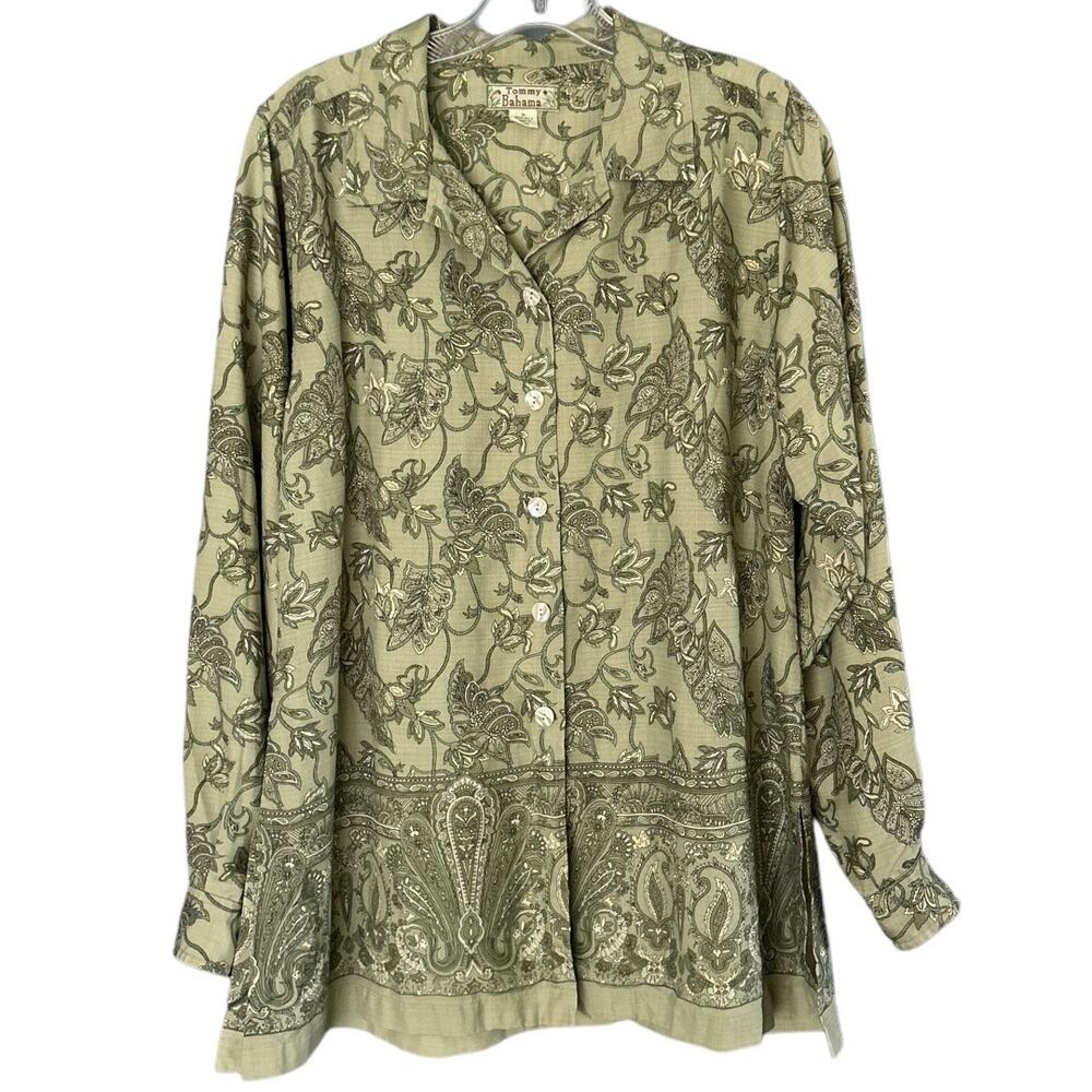Tommy Bahama Women’s Silk Button-Front Blouse Long Sleeve Green Floral Paisley M